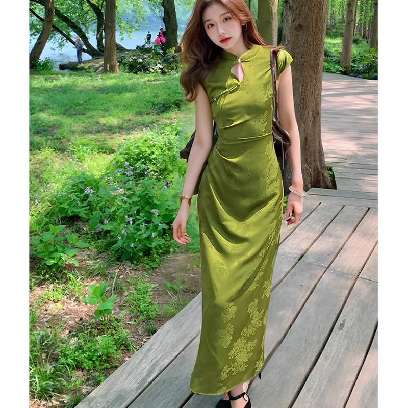 新中式印花改良旗袍年轻款显瘦显白开叉长款连衣裙女年夏季|undefined
