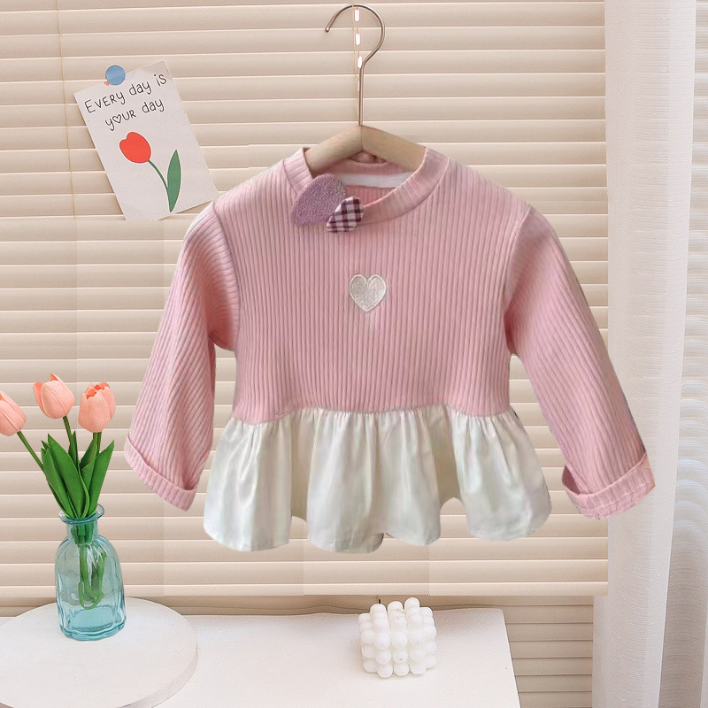 2024 New Spring Base Shirt for Girls, Children's Korean Style Long Sleeve Ribbed Edge Top for Baby Girls, Spring and Autumn Season Doll Shirt