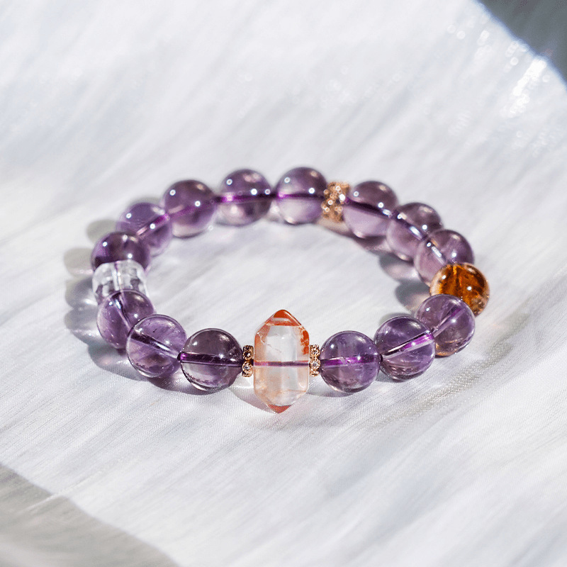 Natural and Authentic Bolivian Amethyst with Yellow Tower Crystal Red Glue Flower Double-Pointed Design Bracelet for Girls as a Gift Natural and Authentic Bolivian Amethyst with Yellow Tower Crystal Red Glue Flower Double-Pointed Design Bracelet for Girls as a Gift