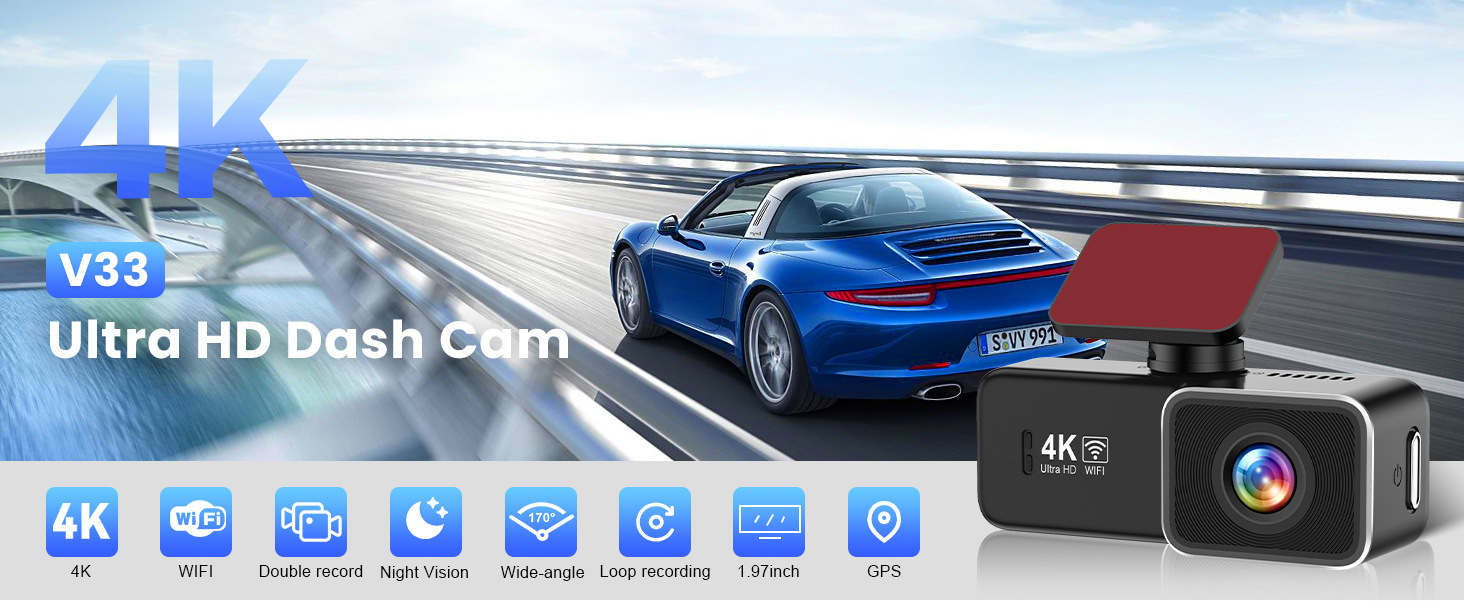 4K Front and Rear Dual Camera Dash Cam Wifi Ultra HD Night Vision 24H Parking Monitoring GPS Backup Camera