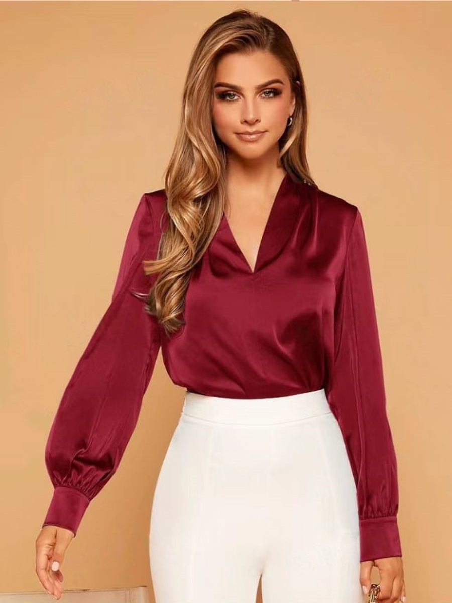 Camisa con cuello en V europea y americana de estilo caliente de Amazon, camisa de satén satinado de manga larga de primavera y verano de AliExpress eBay