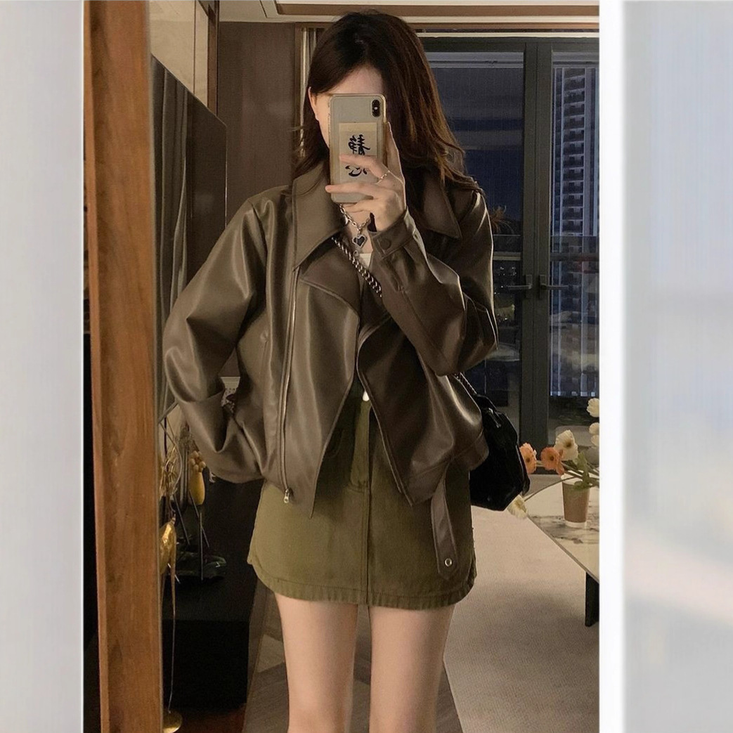 High-End Retro Pu Leather Jacket for Women, Spring and Autum New Loose Motorcycle Jacket, Short Top