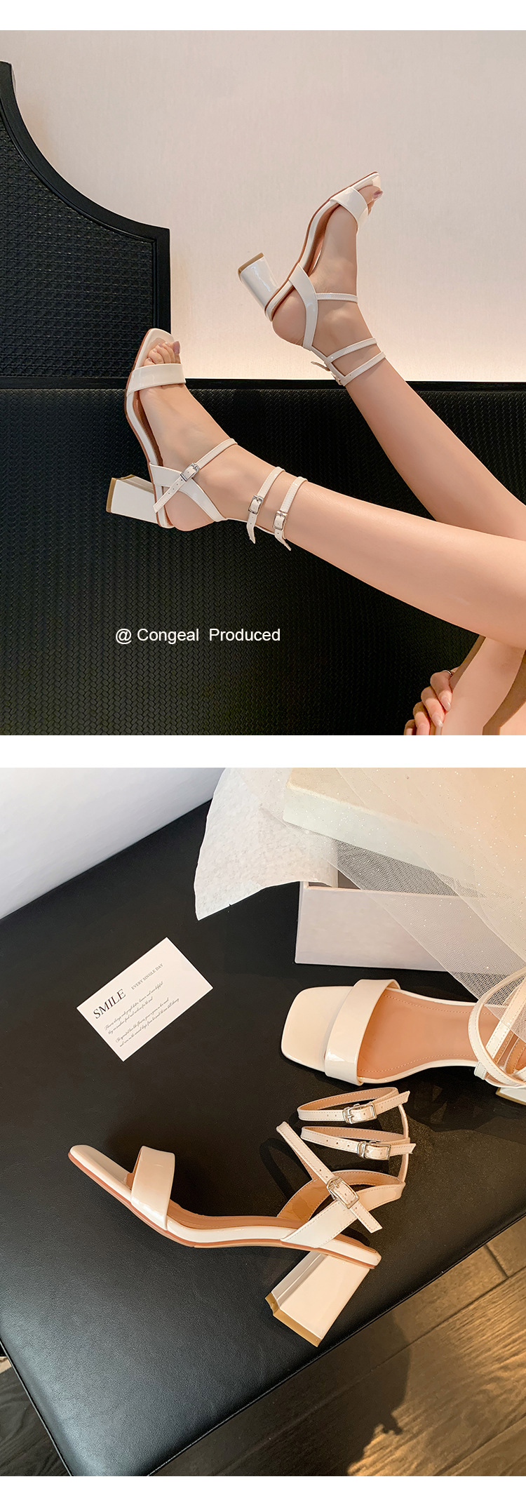 Sandal cao gót nữ quai ngang hở mũi mũi vuông gót vuông — Màu đen chi tiết 24