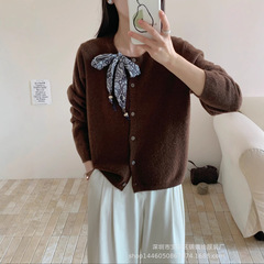 琪镌绘制韩版毛衣蕾丝系带开衫圆领爱心扣外搭软糯针织衫女68012