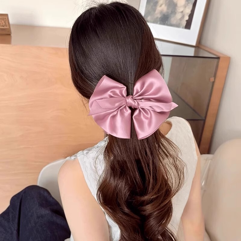 サテンデザインビッグリボンバナナクリップヘアピンスーパー妖精水平クリップヘッドバンド誕生日雰囲気ヘアアクセサリー女性用|undefined