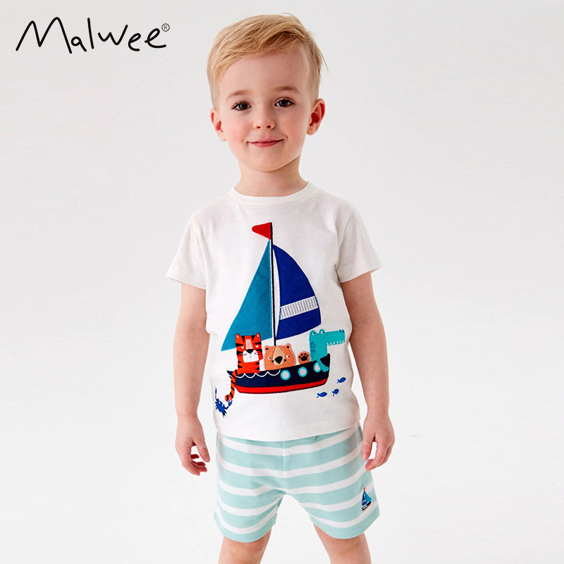 Malwee ropa para niños de dos piezas de verano nueva camiseta europea y americana pantalones de rayas casuales para niños traje de niños