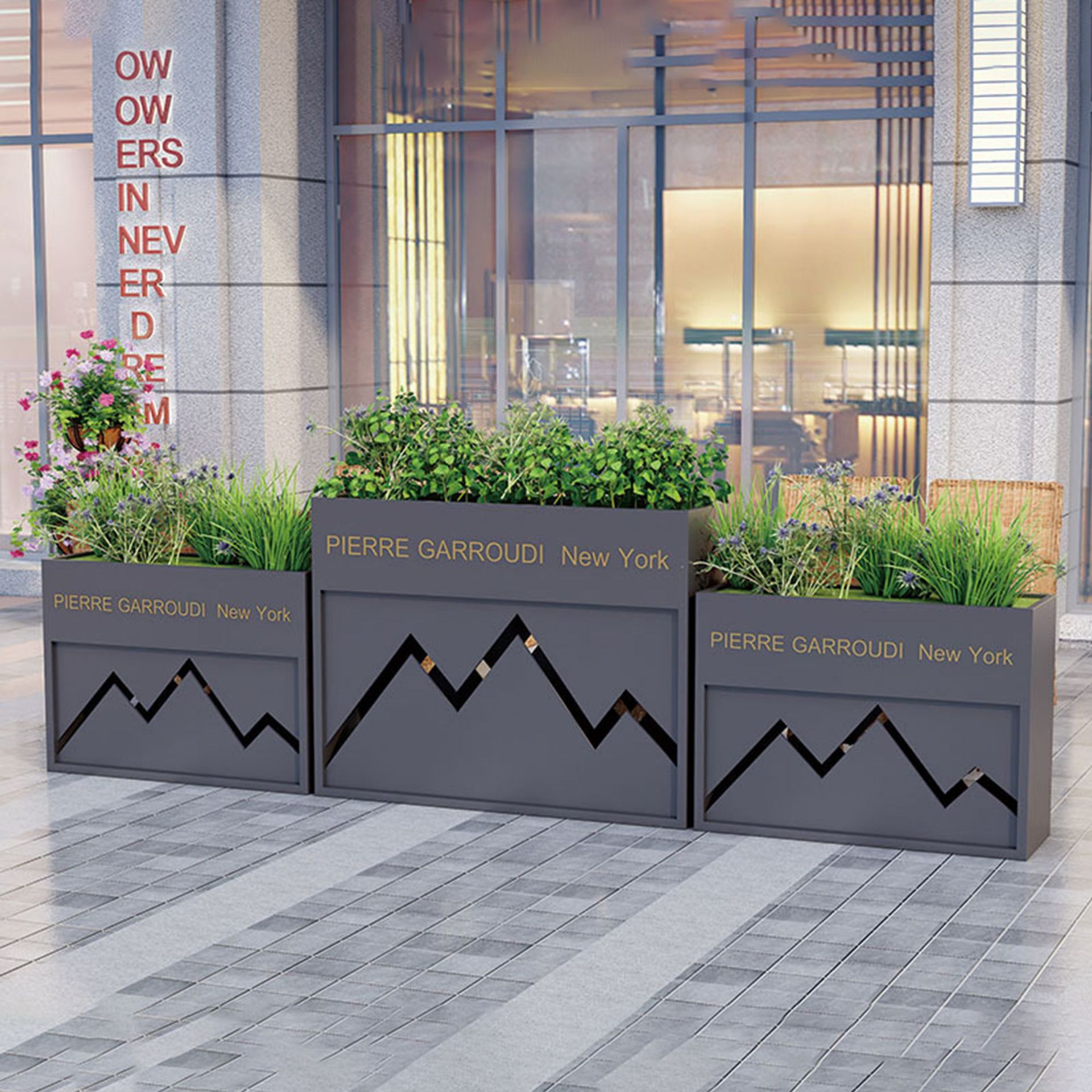 戸外鉄芸花箱組合せ販売部商店街は緑化花壇カフェ街のステンレス花溝を遮断している