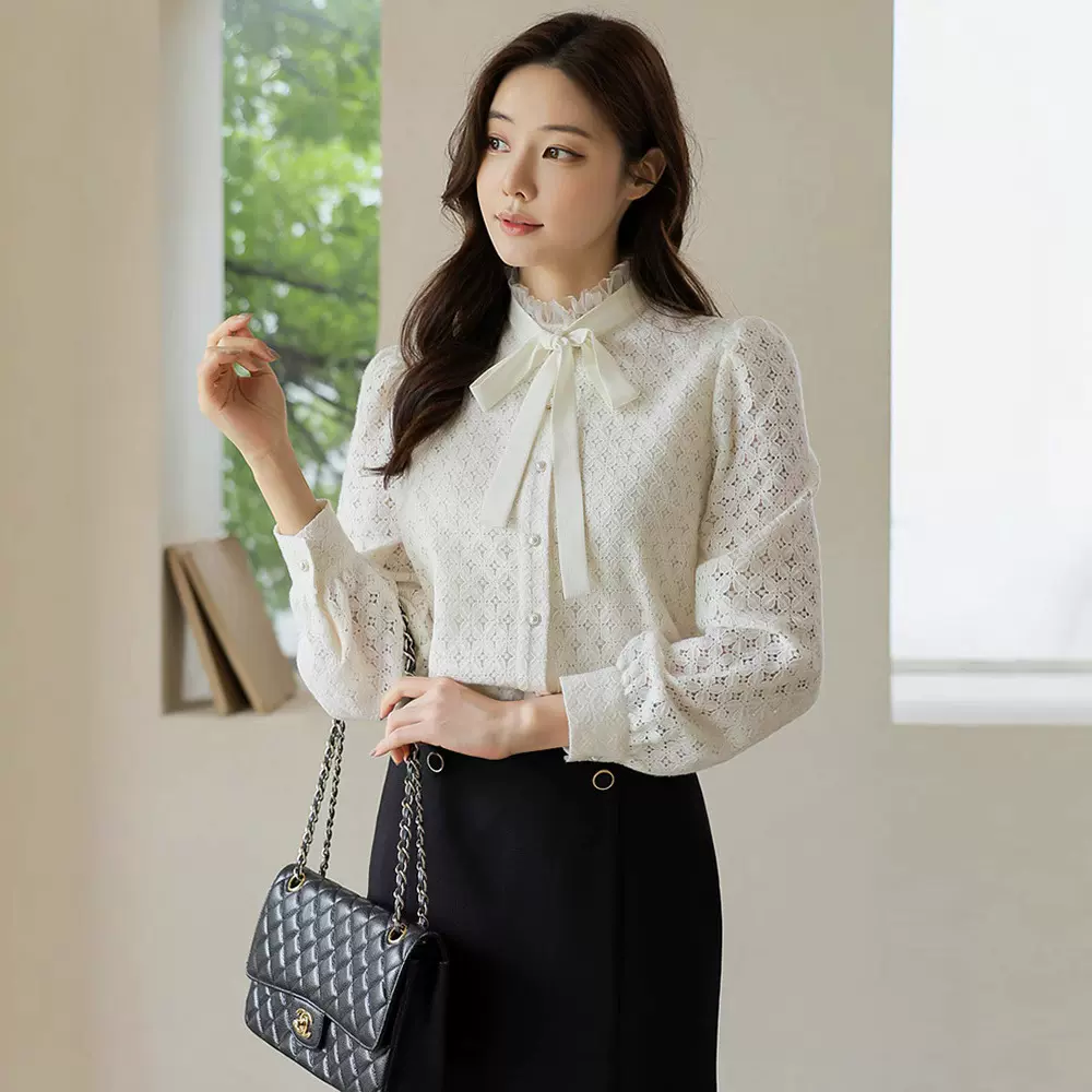2025早春新款衬衫高级感别致漂亮上衣蝴蝶结蕾丝打底衫女长袖内搭