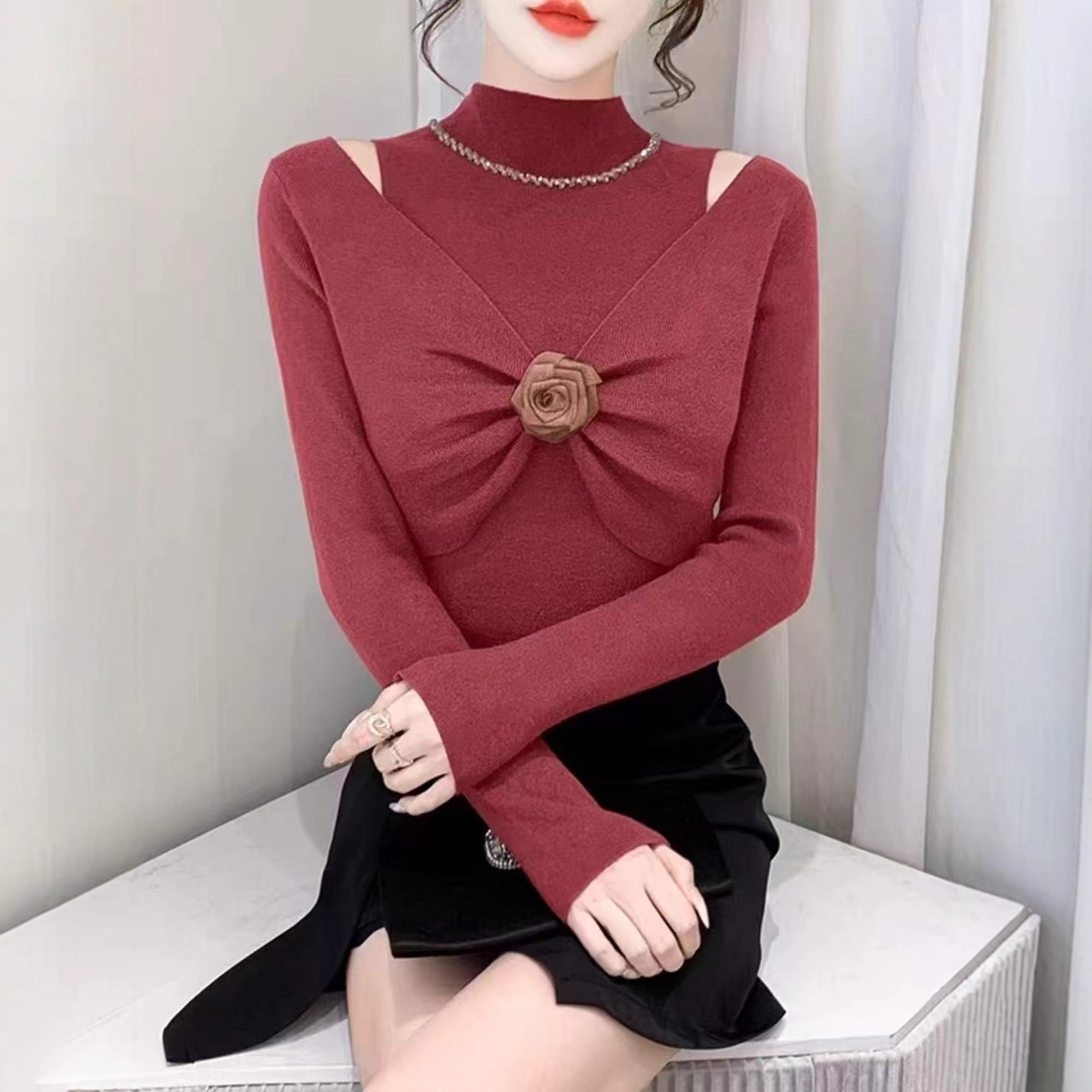 韩版立体花朵假两件针织衫女2025秋冬新款女装针织打底衫sweaters