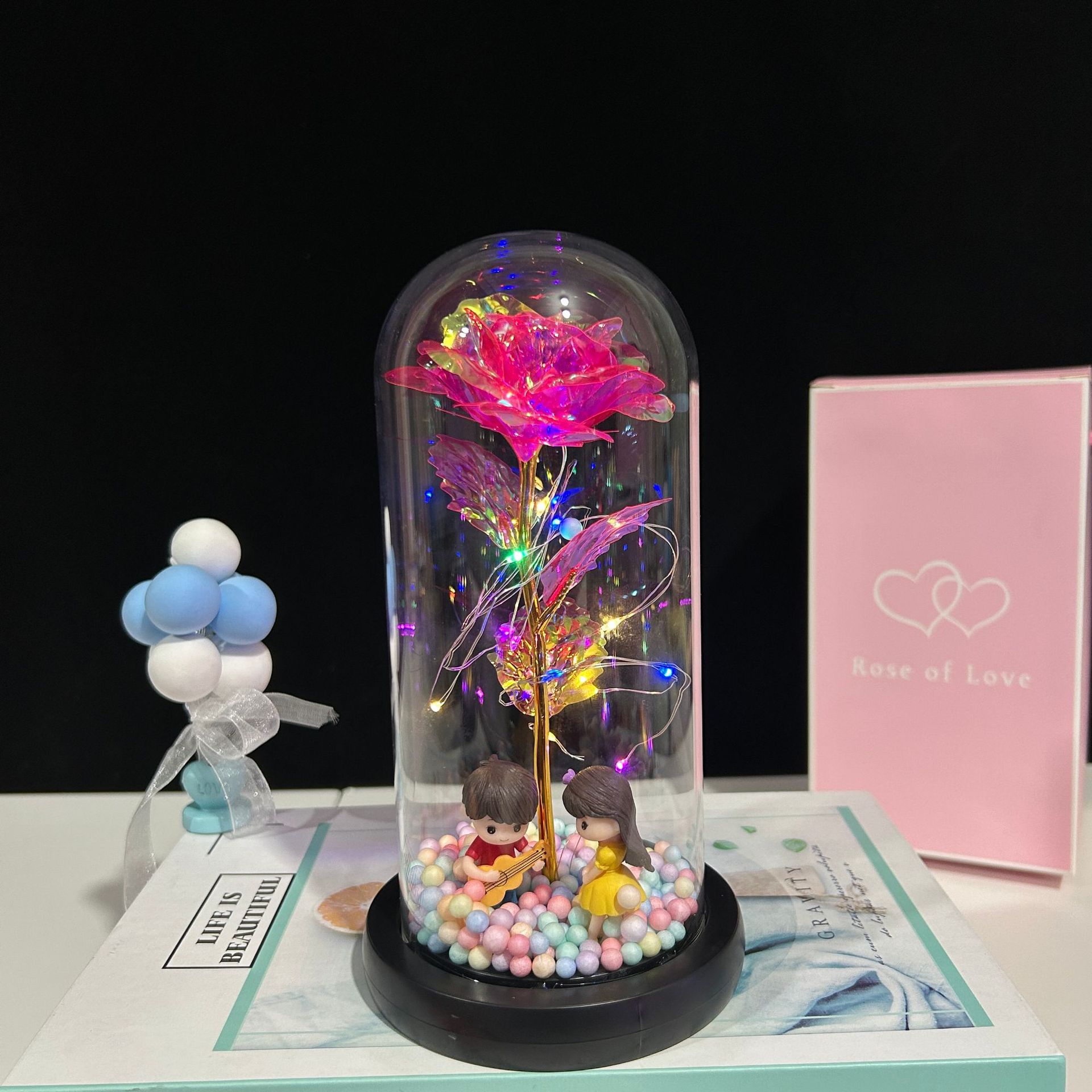 Flor eterna cubierta de cristal lámpara luminosa hoja de oro rosa Día de San Valentín Día DE LA Madre 520 decoración de regalo de cumpleaños