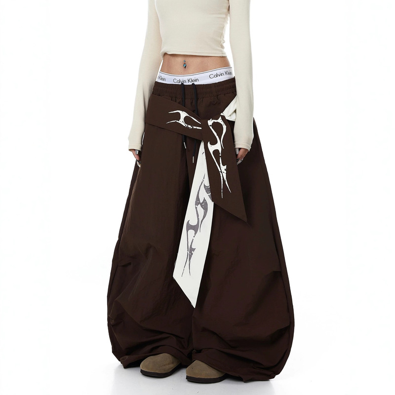 American-Style Black High-Street Printed Lace-Up Jazz Dance Women's Thin Quick-Dry Loose Wide-Leg Casual Paratrooper Pants