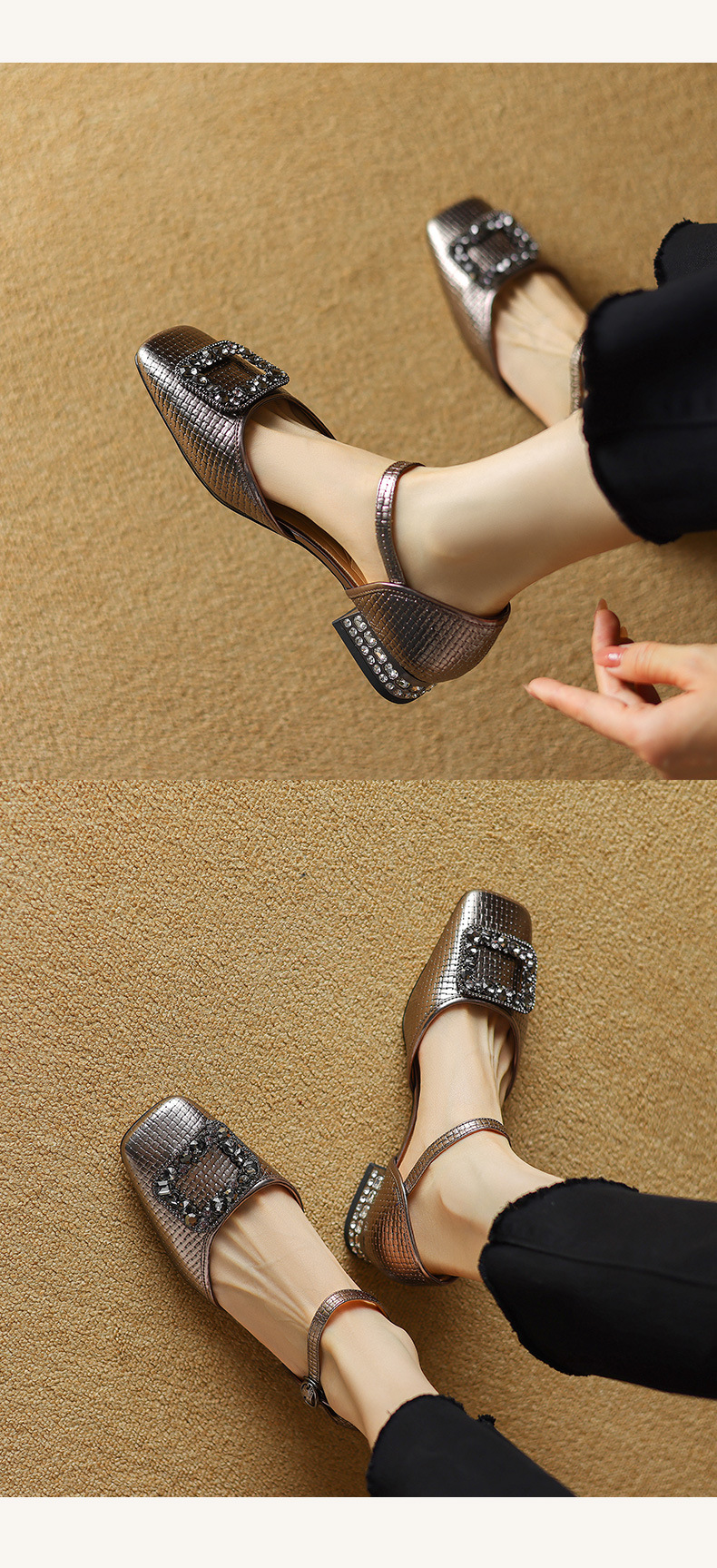 Sandal nữ bít mũi đế bệt da bò khóa vuông đính đá rhinestone — Màu vàng chi tiết 9