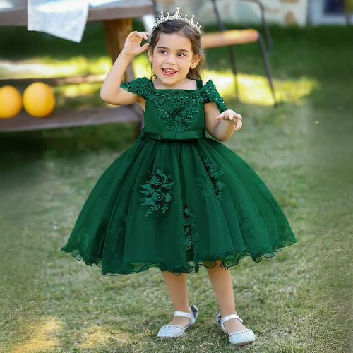 2024 New Children's Bridal Gown with Beaded Flowers, One-Shoulder Dress, Bow Flower Child Bump Princess Dress