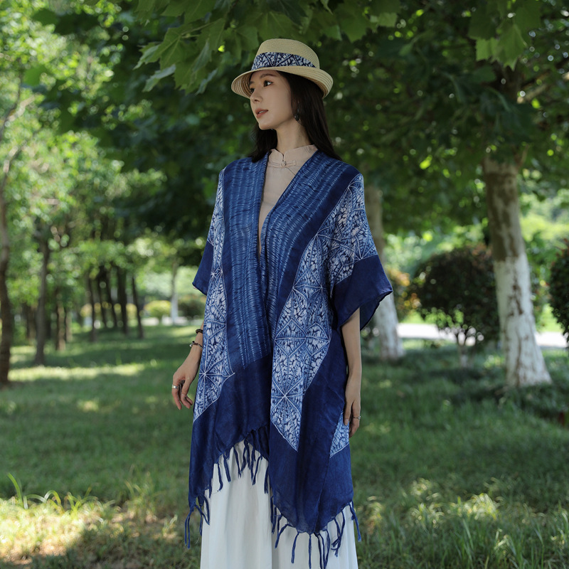 Nueva Yunnan retro tie-teñido borla bufanda estilo étnico viajes protección solar exterior chal artístico todo-fósforo cardigan para las mujeres