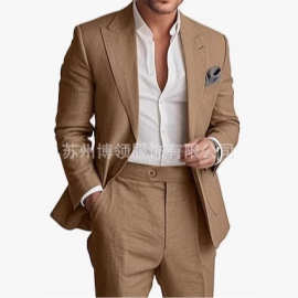 新款亚马逊速卖通外贸亚麻商务休闲西服男士套装新郎婚礼服晚宴会