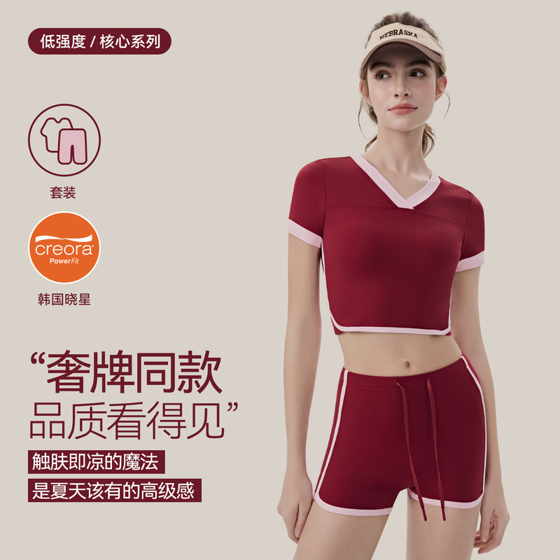 Summer Nude-Feel Yoga Outfit Set, Fashionable V-Neck Short Style, Color-Blocking Yoga Short-Sleeve Top, Three-Quarter Yoga Shorts Two-Piece Set