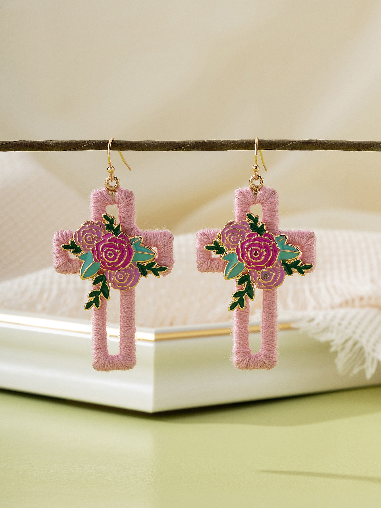 Ear hook Classification 1 Pair Quantity 1 Pair Sweet Cross Rose Alloy Wood Drop Earrings