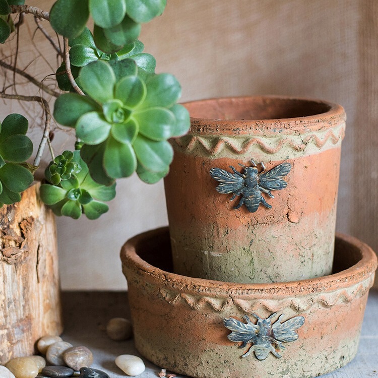Bee Red Clay Flower Pot Oval Succulent Coarse Pottery Flower Vessel Retro American Country European Pastoral Nostalgic Ornament