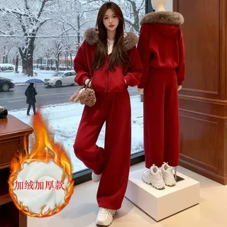 休闲运动套装女秋冬季巨好看红色加绒连帽卫衣外套阔腿裤子一整套