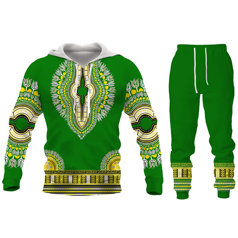 Estilo étnico colorido color de contraste 3d HD estampado suéter con capucha pantalones con cordón MC11-ML1 de dos piezas