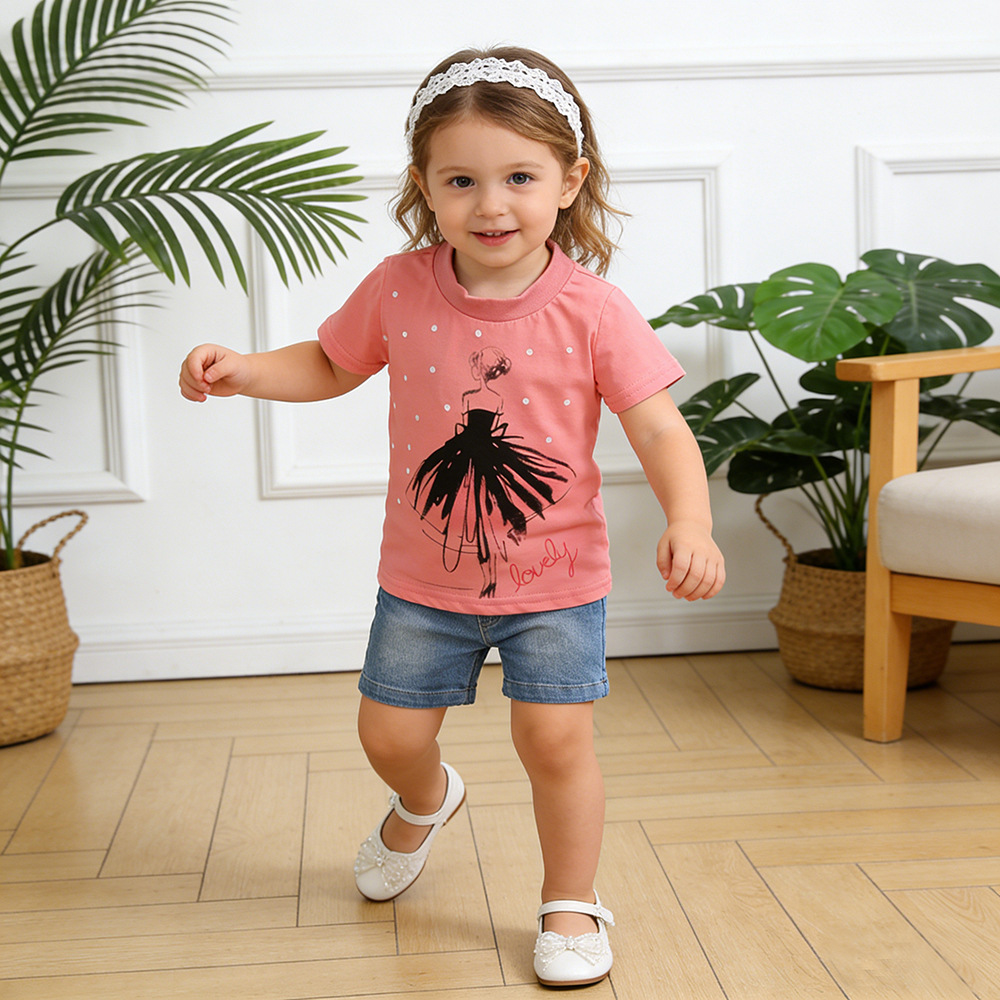 2026 Summer Girls' Outfit Set for Young Children, Casual Short-Sleeve T-Shirt and Denim Shorts Two-Piece Children's Clothing, One-Piece Wholesale