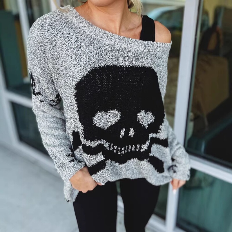 Cross-border in-stock autumn women's sweater with fashionable skull pattern, asymmetrical collar, loose fit, off-shoulder, casual and versatile knit sweater Cross-border in-stock autumn women's sweater with fashionable skull pattern, asymmetrical collar, loose fit, off-shoulder, casual and versatile knit sweater