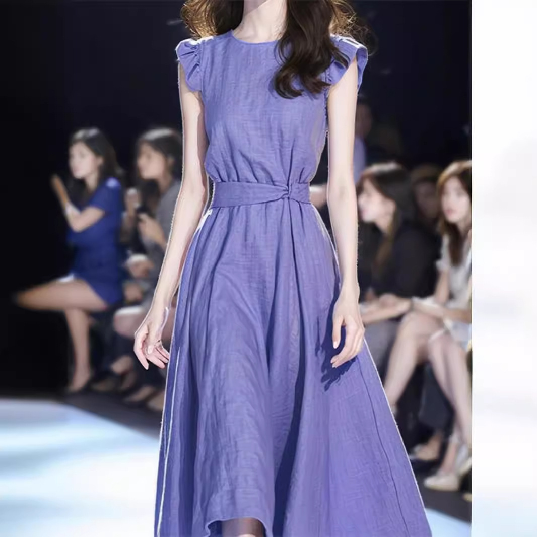 Đầm chữ A thắt eo dáng suông midi phong cách Pháp mùa hè — Màu tím