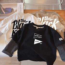 纯棉男童韩版长袖T恤假两件新款儿童春秋中小童上衣宝宝打底衫棉t