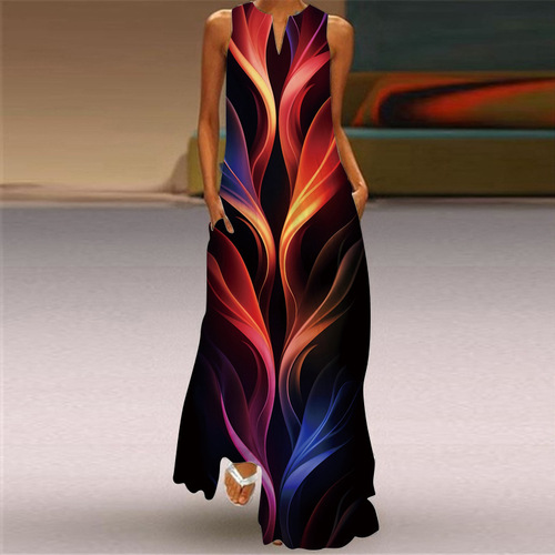 2024 New Summer Women's Tank Top V-Neck Printed Sexy Maxi Dress Long Dress European and American Cross-Border Trade Women's Clothing