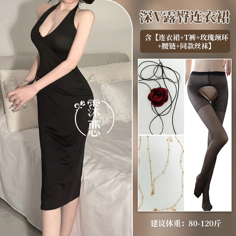블랙 + 팬티 + 로즈 넥링 + 허리 체인 + 블랙 오픈 양말