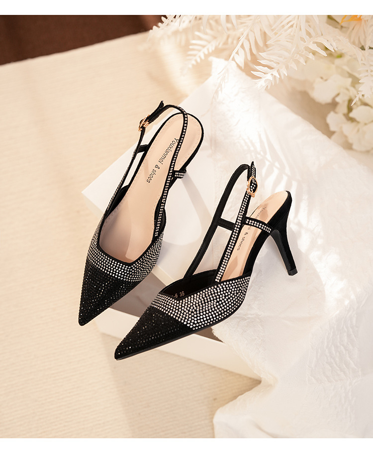 7755-6 Rhinestone Studded Open Back Sandals With Heel Cover, Shiny High Heels, Thin Heels For Commuting, Professional,_voghion.com