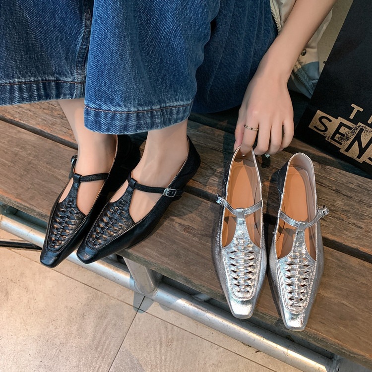 Giày Mary Jane nữ đan T-Strap da thật mũi vuông đế bệt — màu đen, bạc chi tiết 104