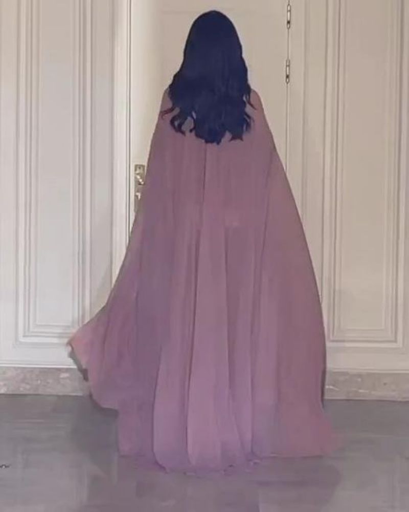 Elegant Chiffon Evening Dress With Cape And Beads Two Piece Set_voghion.com