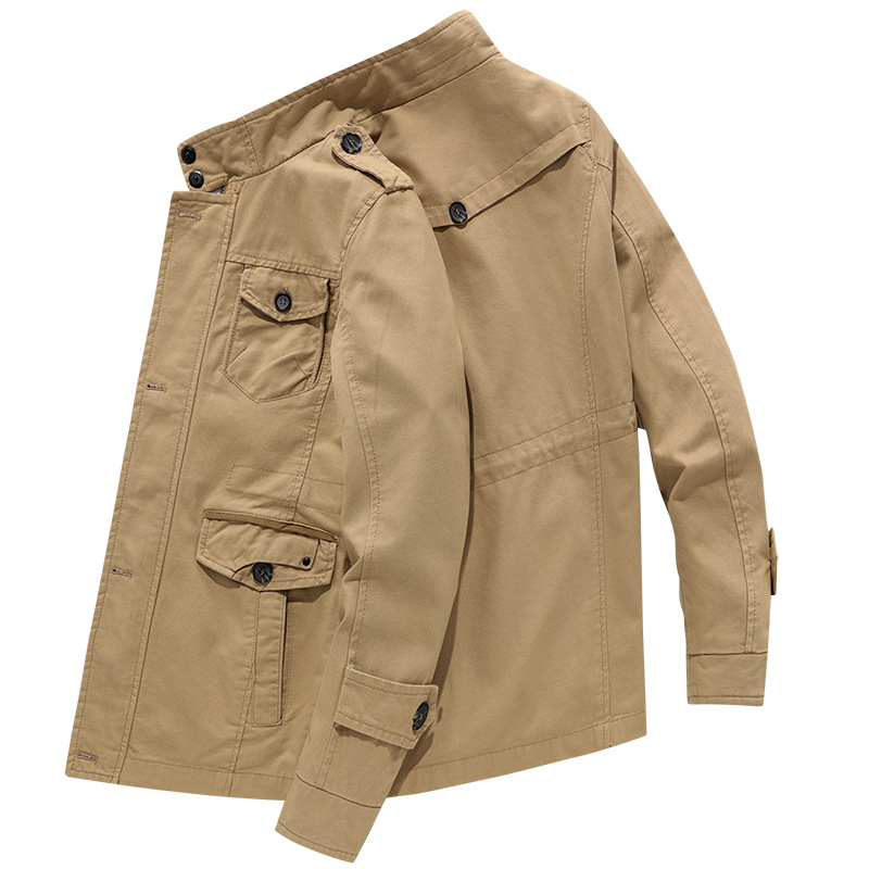 5807 Cross-border Pure Cotton Jacket Men's Spring and Autumn Casual Loose Plus Size Mid-length Military Green Workwear Coat with Multiple Pockets