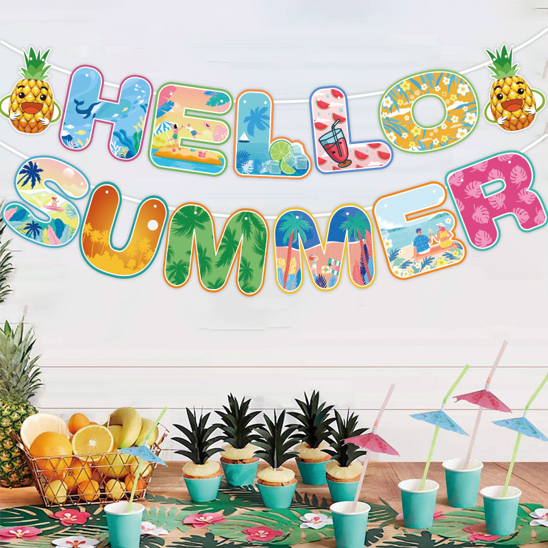 跨境夏日冲浪派对装饰夏威夷海边气氛装饰横幅拉旗拉花场地布置