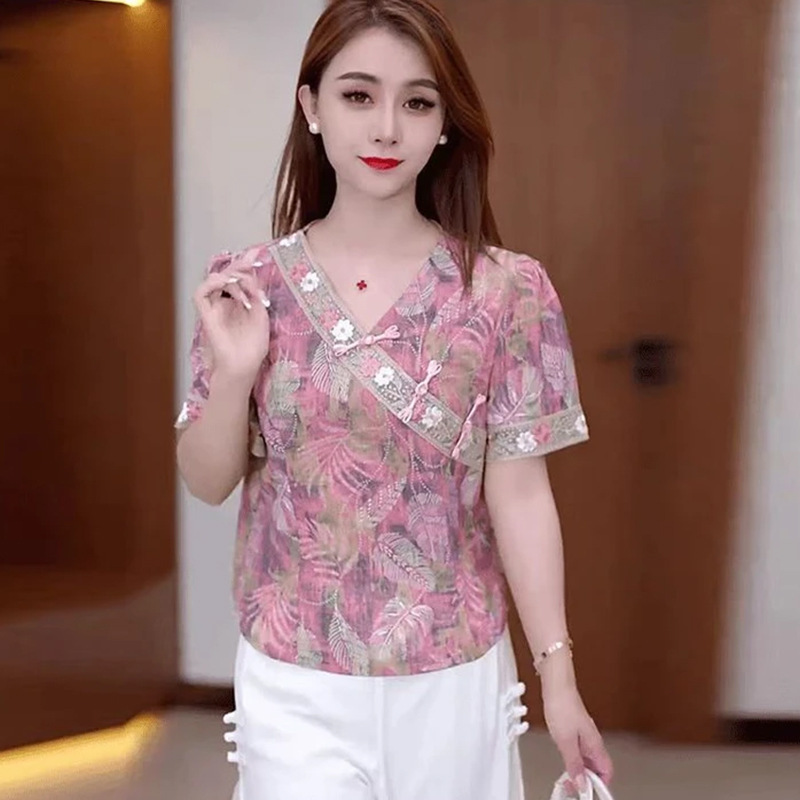 新しい中国風の女性の半袖半開襟ボタン T シャツトップショートレディース V ネックカラーボトムシャツ薄い小さなシャツ女性|undefined