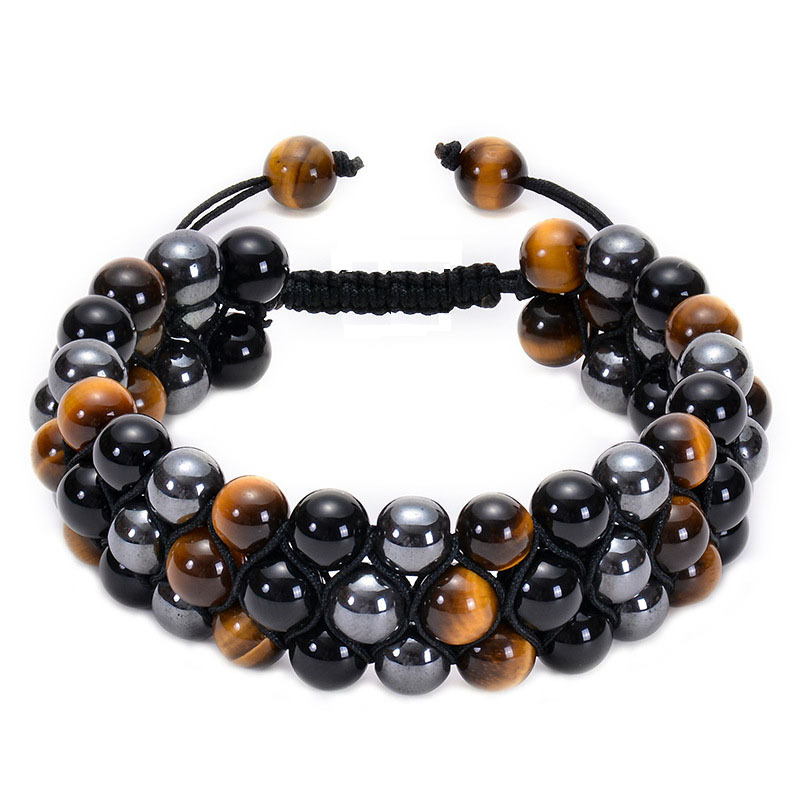 Tiger Eye And Magnetic Black Stone Layered Braided Bracelet_voghion.com
