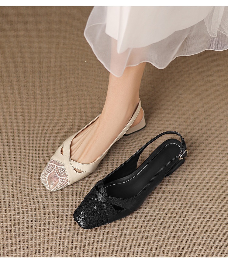 Sandal cao gót nữ hở mũi da cừu lưới phối màu quai ngang khóa — màu đen, màu trắng ngà chi tiết 17