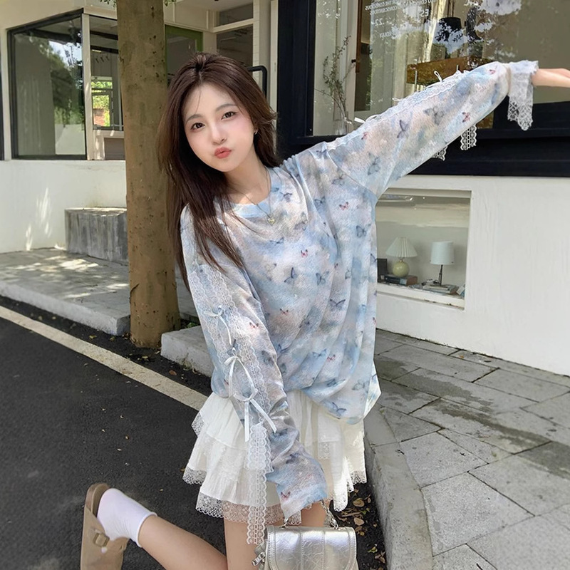 [Own Factory in stock] Butterfly Printed Blouse T-shirt Women's Summer Xiaozhong Casual Loose Thin Sunscreen Top