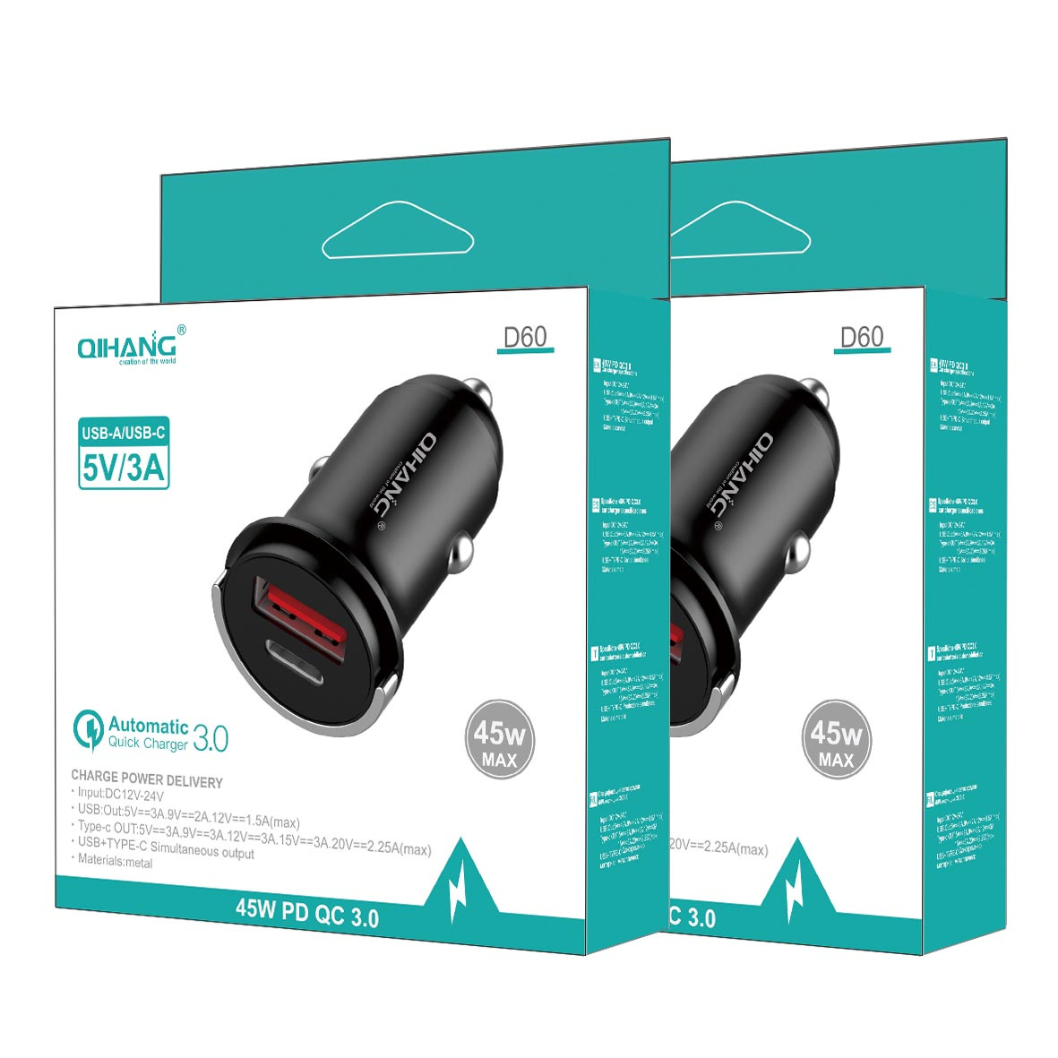 QIHANG 跨境爆款PD45W+USB18W双口超级快充车载充电器 厂家批发