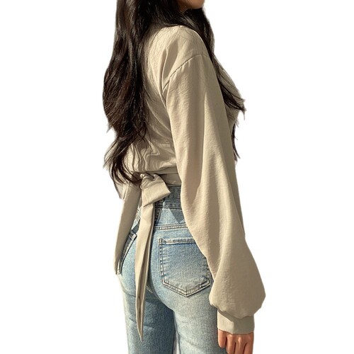 Spring and Summer New French Subtle Bow Knot Design Women's Nipple-Baring Short-Sleeve Sweet and Spicy Personality Long-Sleeve Top