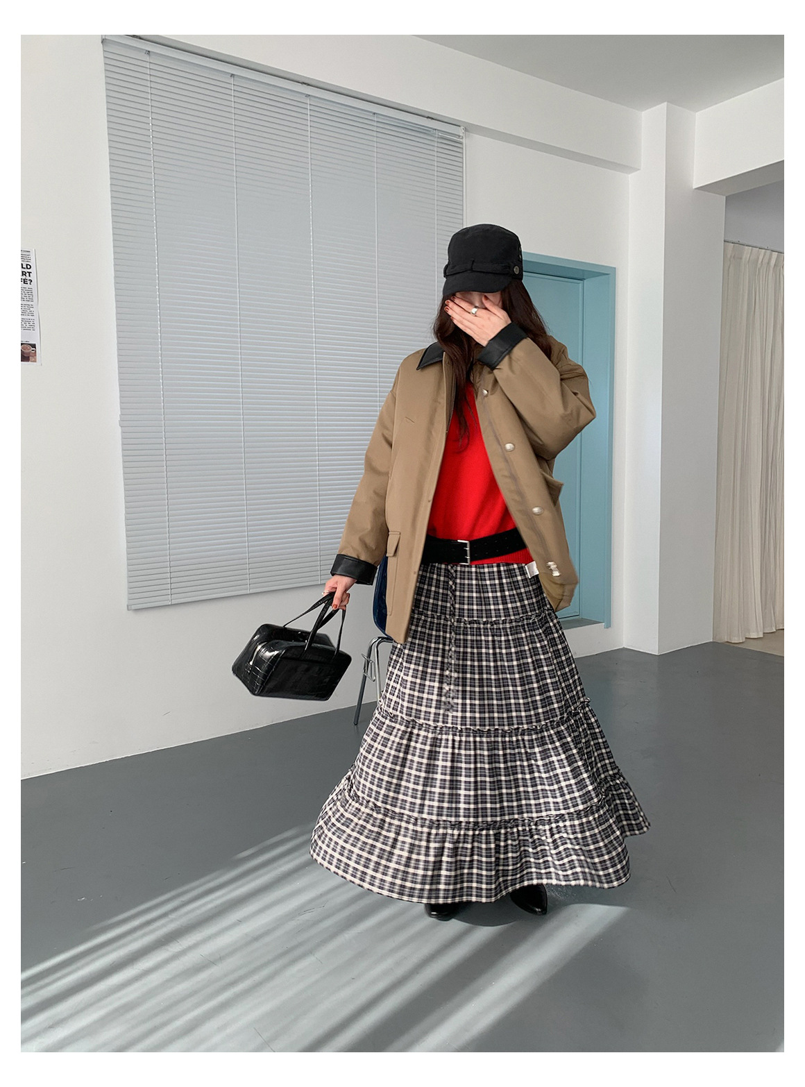 GraceChic GraceChic GraceChic Inbyin Gonna midi a quadri arricciati in stile coreano per donna, lunga vita elastica, che copre i fianchi, snellente_voghion.com