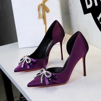 9267-H133 French style fashionable side hollow rhinestone ribbon bow super high heels slim heels sexy red soled shoes
