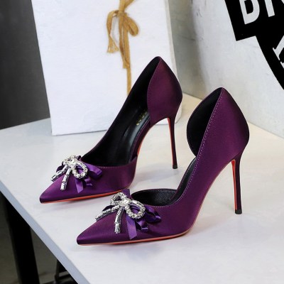 9267-H133 French style fashionable side hollow rhinestone ribbon bow super high heels slim heels sexy red soled shoes