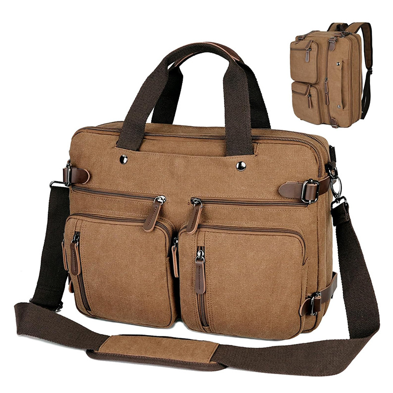 Retro canvas multi-functional computer bag for men, hand-held, shoulder, crossbody, and backpack style, large capacity business briefcase