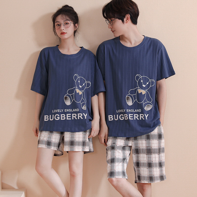 Pajamas de pareja de verano de algodón de verano pantalones cortos de mangas cortas de dibujos animados para hombres nuevos sets de ropa casera para mujeres sin impresión