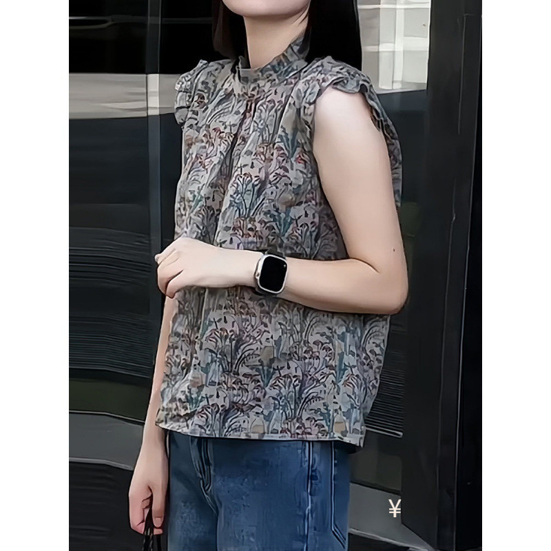Printed Stand-Up Collar Sleeveless Top for Women, New Summer Style, Retro, Gentle, French Style, Lace Sleeves, Vest Shirt for Work Wear