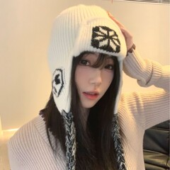 韩版小众花朵流苏雷锋帽女秋冬氛围感保暖防寒毛线帽针织护耳帽潮