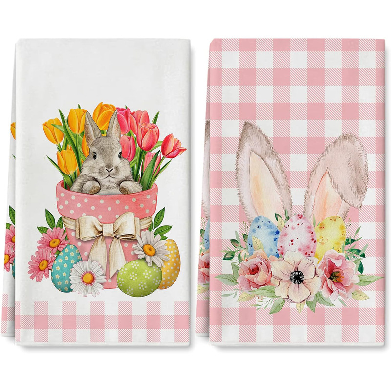 Easter kitchen towel rabbit egg floral dish towel watercolor pink white buffalo plaid hand dry tea towel