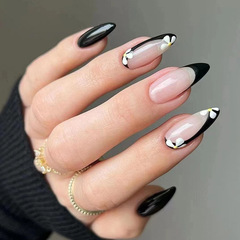 Sweet & Cool Girl Solid Color Glossy Black Nail Art Cute Floral Fake Nails for Export—Euro-American Style Instagram-Worthy Wearable Nails